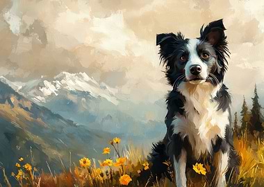 Border Collie in Mountain Landscape Painting | Focused Working Dog Art