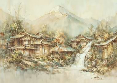 Japanese Village Landscape with Waterfall Painting