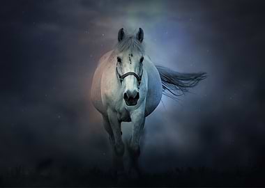 Majestic White Horse Running Forward