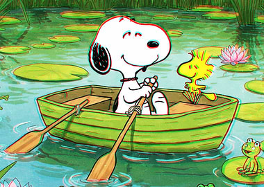 Snoopy and Woodstock in a boat