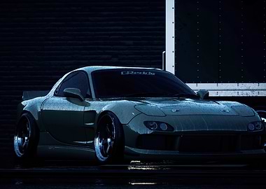 Green Mazda RX-7 Under Rain