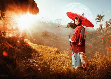 geisha with fox in golden field