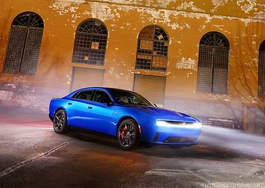 Blue Dodge Charger in Urban Setting