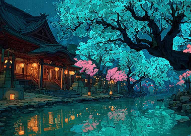 Japanese Temple and Cherry Blossoms at Night