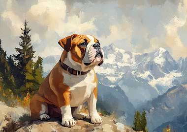 Bulldog in the Mountains Painting | Playful Mountain Dog Poster