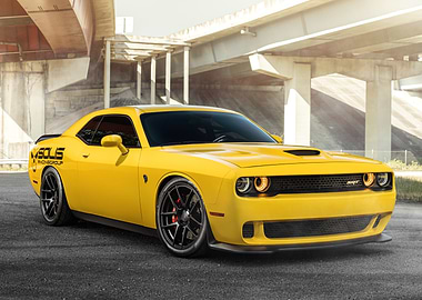 Yellow Dodge Challenger SRT under bridge