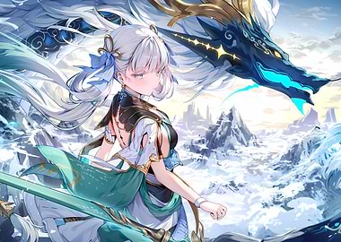 Girl with Dragon in Snowy Landscape