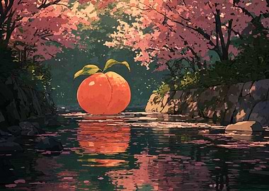 Peach in a Stream with Cherry Blossoms