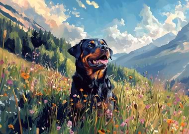 Rottweiler in a Mountain Meadow Painting | Majestic Outdoor Dog Art