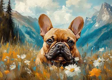 French Bulldog in Mountain Meadow Painting | Adorable Dog Art