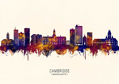Cambridge Massachusetts Skyline Watercolor
