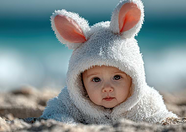 Baby in Bunny Costume on Beach