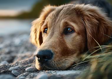 Golden Retriever Resting on Beach