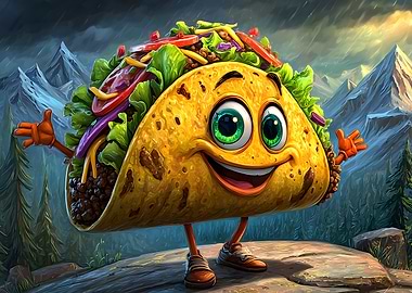 Cartoon Taco Character in Mountain Landscape