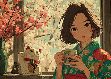 Anime Girl with Tea and Lucky Cat