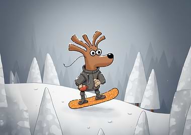 Cartoon Pup Snowboarding in Winter Landscape