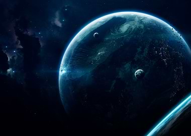 blue planet with moons in space