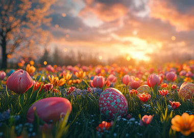 Easter Eggs in a Flower Field
