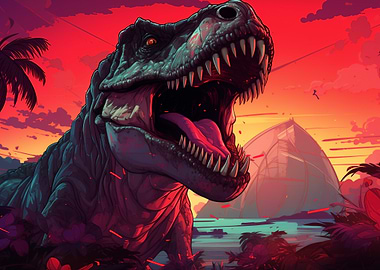 Tyrannosaurus Rex Roaring at Sunset