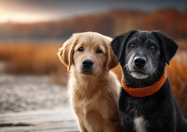 Two Dogs Portrait: Golden and Black