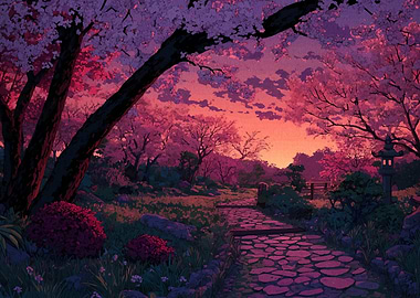 Cherry Blossom Path at Sunset