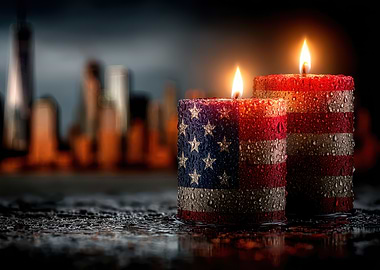American Flag Candles with Cityscape