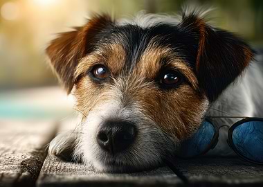 Dog with Sunglasses Resting on Wood