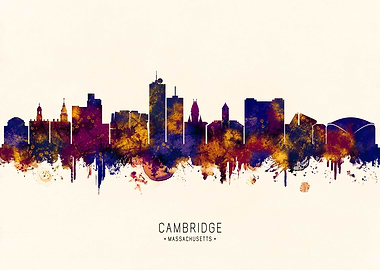 Cambridge Massachusetts Skyline Watercolor