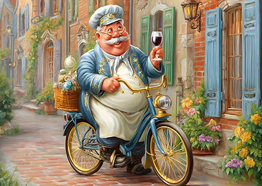 Chef on Bicycle with Wine