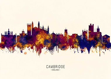 Cambridge England Skyline Watercolor Silhouette