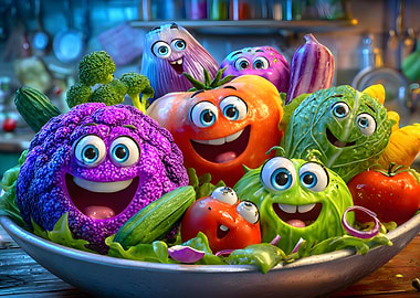 Cartoon Vegetables in a Bowl