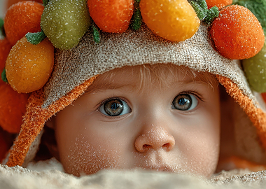 Baby in Fruit Hat Close-Up
