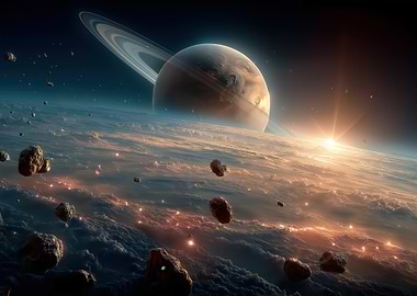 Saturn and Asteroids in Space