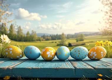 Colorful Easter Eggs on Wooden Table