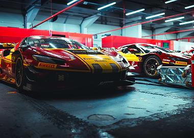 Ferrari Race Cars in Garage