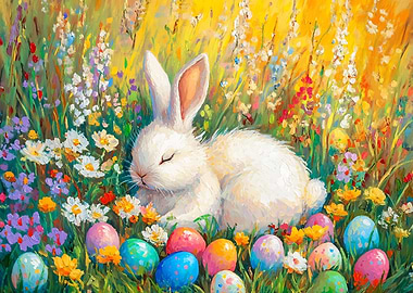 Easter Bunny in Floral Meadow Painting