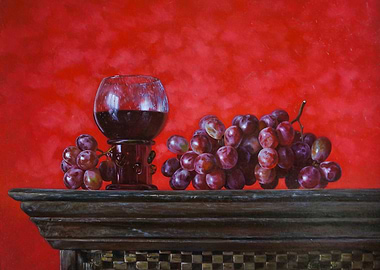 Still Life: Wine, Grapes, and Red