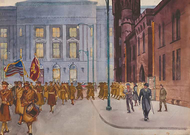 Military Parade in City Watercolor Painting