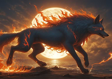Fiery Wolf Spirit Running by the Sea