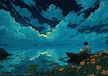 Boy Reading on Boat at Night