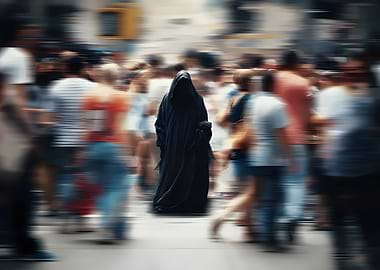Hooded Figure in Crowded Street