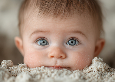 Baby face in sand close-up