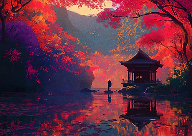 Autumnal Japanese Landscape with Temple