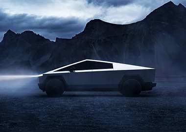 Tesla Cybertruck in a rugged landscape