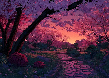 Cherry Blossom Path at Sunset