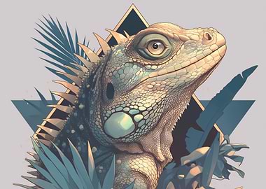 Iguana Portrait with Geometric and Floral Elements