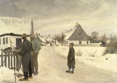 Winter Village Scene with Painter