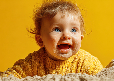Happy Baby in Sand, Yellow Background