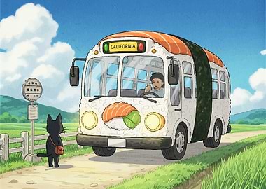 Sushi Bus Stop with Black Cat