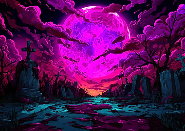 Neon Graveyard Under a Pink Moon